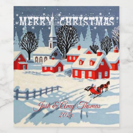 Étiquette Pour Bouteilles De Vin Joyeux Noël Village enneigé Cheval Église (Étiquettes simples)