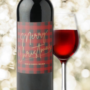 Étiquette Pour Bouteilles De Vin Joyeux or Noël Rouge Buffle Plaid
