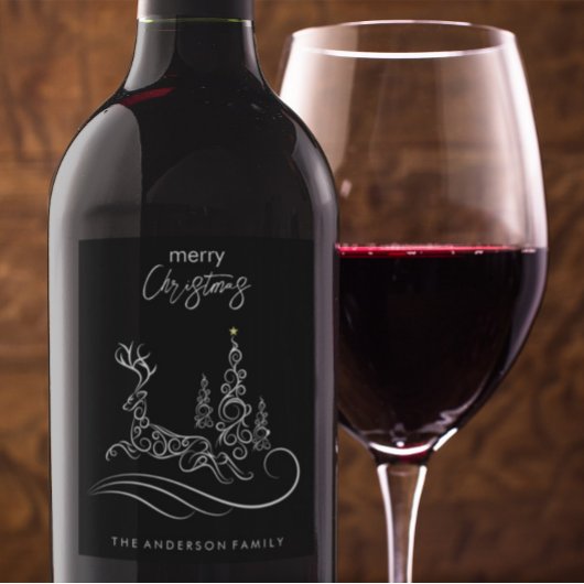Étiquette Pour Bouteilles De Vin Joyeux sapin de Noël et renne