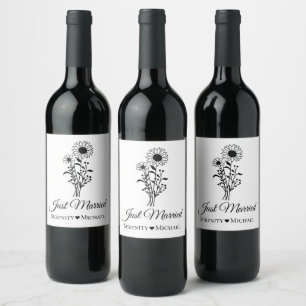 Étiquette Pour Bouteilles De Vin Juste marié Mariage de tournesol Russe Fleurs sauv