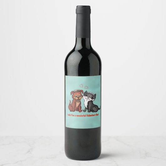 Étiquette Pour Bouteilles De Vin Kitty and Puppy, Joyeuse Saint Valentin ! (Devant)