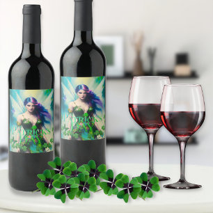 Étiquette Pour Bouteilles De Vin La fée irlandaise de la Saint-Patrick avec détail