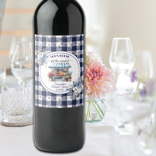 Étiquette Pour Bouteilles De Vin Lavage Blue Gingham Floral Fête de Mariage