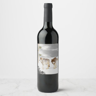 Étiquette Pour Bouteilles De Vin Les loups en peinture sur neige - Art original de