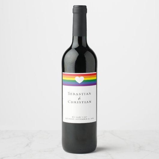 Étiquette Pour Bouteilles De Vin Love Heart et Rainbow Gay Mariage (Devant)