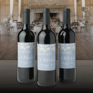Étiquette Pour Bouteilles De Vin Lumières Guirlandes Mariage Bleu Poussiéreux Écrit