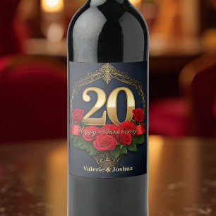 Étiquette Pour Bouteilles De Vin Lush Crimson Rose Golden 20e anniversaire Mariage