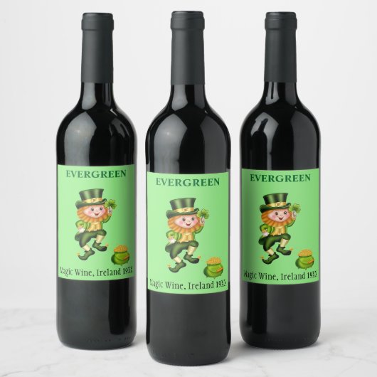 Étiquette Pour Bouteilles De Vin Lutins mignons & pot d'or sur fond vert citron (Bouteilles)