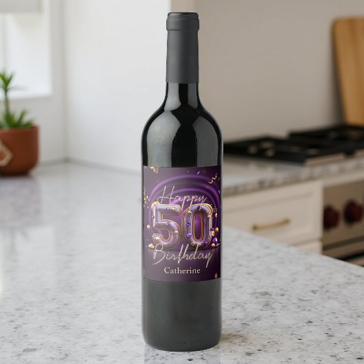 Étiquette Pour Bouteilles De Vin Luxueux Elegant Purple and Gold 50e anniversaire