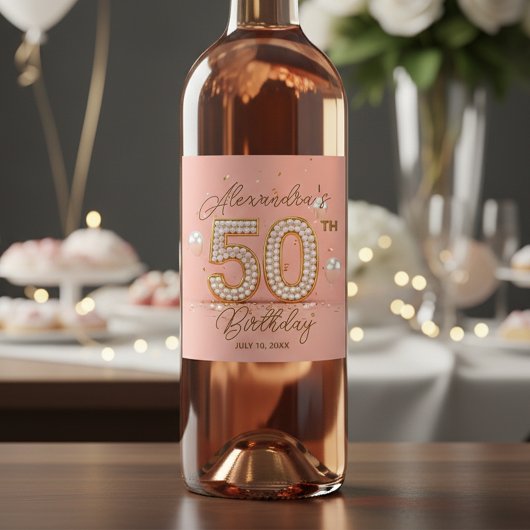 Étiquette Pour Bouteilles De Vin Luxurious Pearl Soft Pink Gold 50th Birthday 