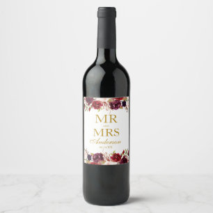Étiquette Pour Bouteilles De Vin M. et Mme Burgundy Mariage Floral Gold