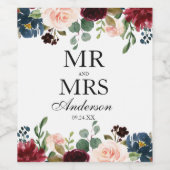 Étiquette Pour Bouteilles De Vin M. et Mme Burgundy Mariage Florale Bleue (Étiquettes simples)