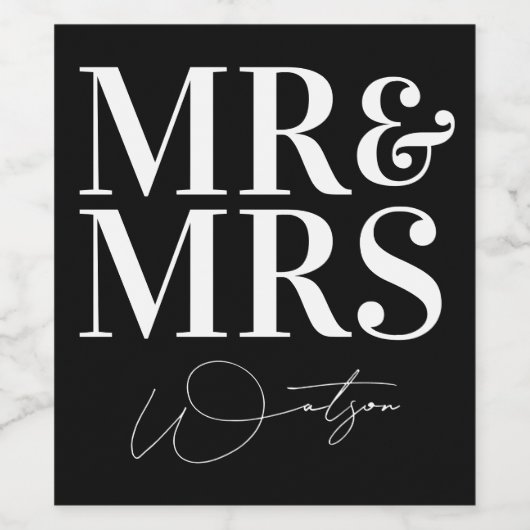 Étiquette Pour Bouteilles De Vin M. et Mme Modern Simple Mariage noir (Étiquettes simples)