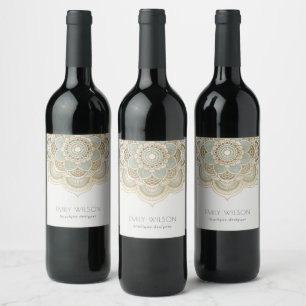 Étiquette Pour Bouteilles De Vin Mandala Turchese Teal Ornata Elegante in Foglia d'