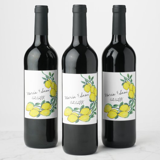 Étiquette Pour Bouteilles De Vin Mariage à l'aquarelle Citron Script (Bouteilles)