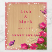 Étiquette Pour Bouteilles De Vin Mariage à papillon rose bois rustique (Étiquettes simples)