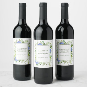 Étiquette Pour Bouteilles De Vin Mariage Aquarelle Florale aux Hortensias Bleus