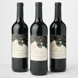 Étiquette Pour Bouteilles De Vin Mariage Aquarelle Rose Or et Vert