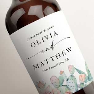 Étiquette Pour Bouteilles De Vin Mariage au Cactus à l'Aquarelle Bohème & Sud-Oue