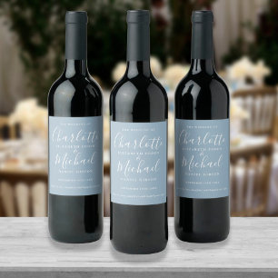 Étiquette Pour Bouteilles De Vin Mariage au style calligraphique bleu poussiéreux S