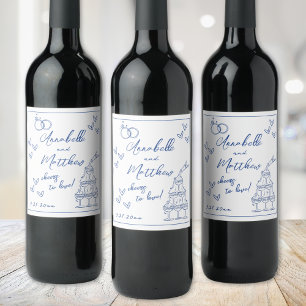 Étiquette Pour Bouteilles De Vin Mariage Bleu Dessiné à la Main