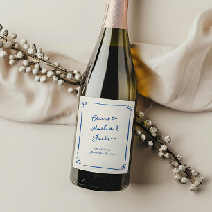 Étiquette Pour Bouteilles De Vin Mariage Bleu Marine Dessiné à la Main avec Fantais