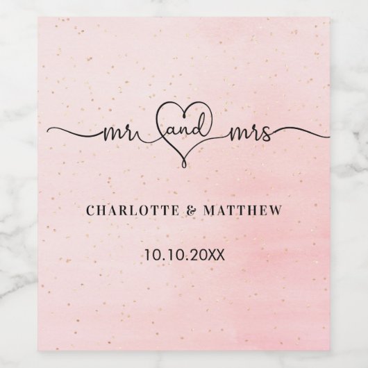Étiquette Pour Bouteilles De Vin Mariage blush m. mrs heart script (Étiquettes simples)