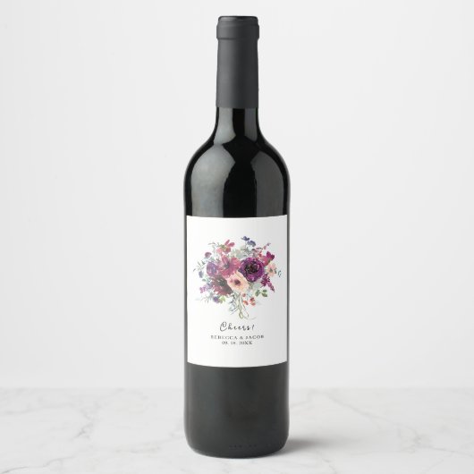 Étiquette Pour Bouteilles De Vin Mariage Boho Fleur sauvage d'aquarelle Bourgogne (Devant)