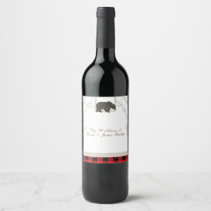 Étiquette Pour Bouteilles De Vin Mariage Bois Rustique Ours & Carreaux Rouges Vin