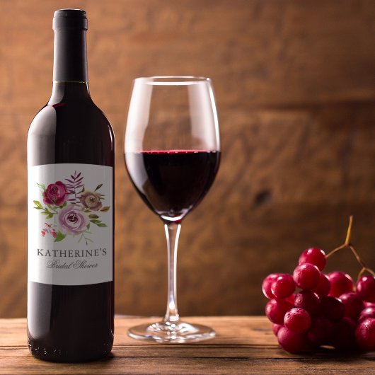 Étiquette Pour Bouteilles De Vin Mariage Chic : Étiquette de Vin Fleurie Rose Fuchs