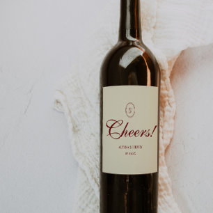 Étiquette Pour Bouteilles De Vin Mariage Classique Ivoire & Rouge Vin Script "Cheer