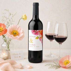 Étiquette Pour Bouteilles De Vin Mariage Coquelicots Rose Orange Jaune Moderne