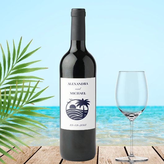Étiquette Pour Bouteilles De Vin Mariage côtier Chic Navy White Palm Tree