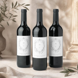 Étiquette Pour Bouteilles De Vin Mariage Couronne Florale Grise Noire Classique Vin
