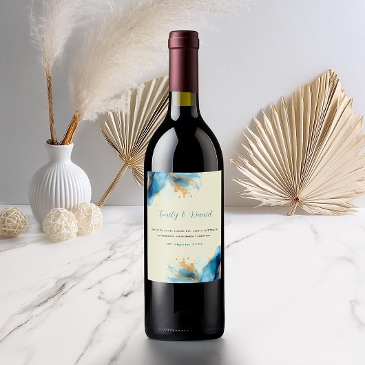 Étiquette Pour Bouteilles De Vin Mariage d'aquarelle bleu et or Abstrait