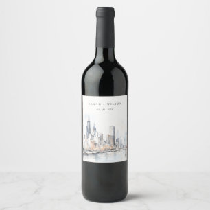 Étiquette Pour Bouteilles De Vin Mariage d'aquarelle de Chicago, Illinois City Scap