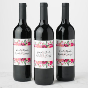 Étiquette Pour Bouteilles De Vin Mariage d'aquarelle rose chaud
