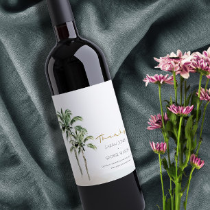 Étiquette Pour Bouteilles De Vin Mariage d'aquarelle Tropical Beach Palm Tree Merci