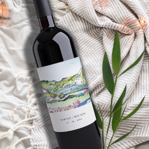 Étiquette Pour Bouteilles De Vin Mariage d'aquarelle vif Mountain Scape