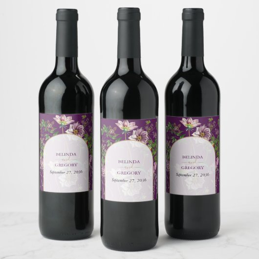 Étiquette Pour Bouteilles De Vin Mariage d'arc doré fleuri violet (Bouteilles)