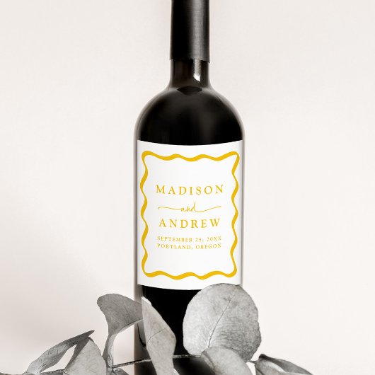 Étiquette Pour Bouteilles De Vin Mariage de cadre moderne Jaune Wavy