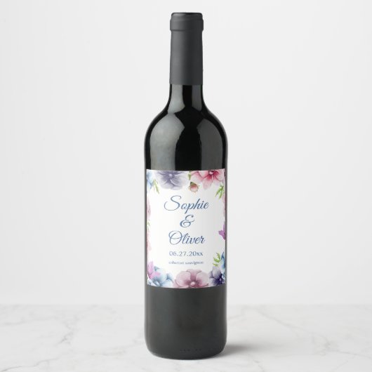 Étiquette Pour Bouteilles De Vin Mariage de fleurs d'anémone aquarelle (Devant)