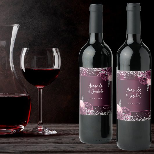 Étiquette Pour Bouteilles De Vin Mariage de fleurs d'argent rose bordeaux