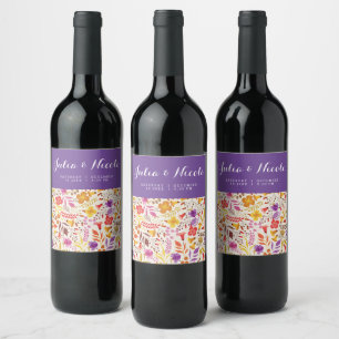 Étiquette Pour Bouteilles De Vin Mariage de fleurs sauvages bohèmes orange violet