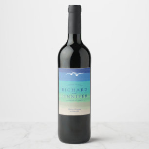 Étiquette Pour Bouteilles De Vin Mariage de la mer de sable et mouettes d'eau