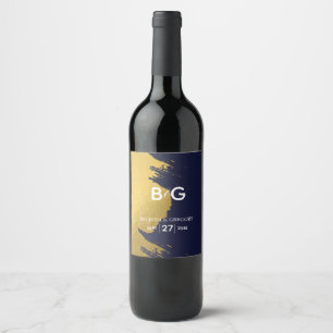 Étiquette Pour Bouteilles De Vin Mariage de Monogramme bleu de la Marine Faux Gold