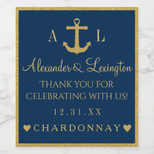 Étiquette Pour Bouteilles De Vin Mariage de monogramme d'Ancre bleu or et marine