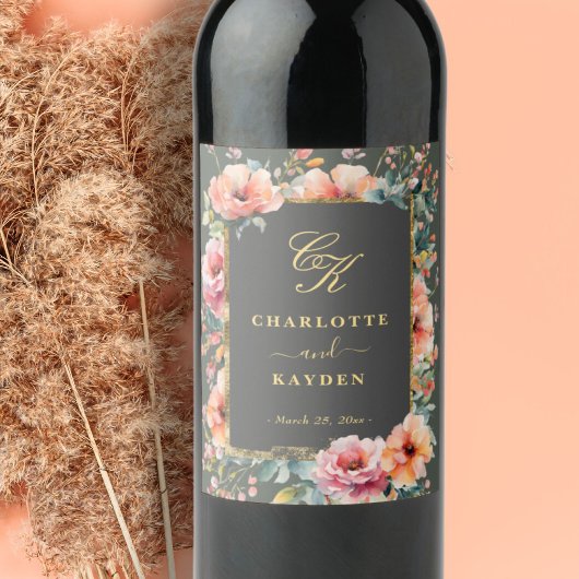 Étiquette Pour Bouteilles De Vin Mariage de monogramme de couronne de fleurs rustiq