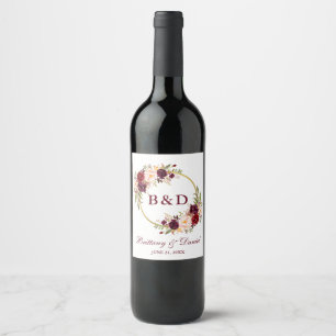 Étiquette Pour Bouteilles De Vin Mariage de monogramme de couronne florale de Bourg