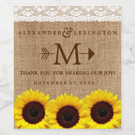 Étiquette Pour Bouteilles De Vin Mariage de monogramme de tournesol rustique (Étiquettes simples)
